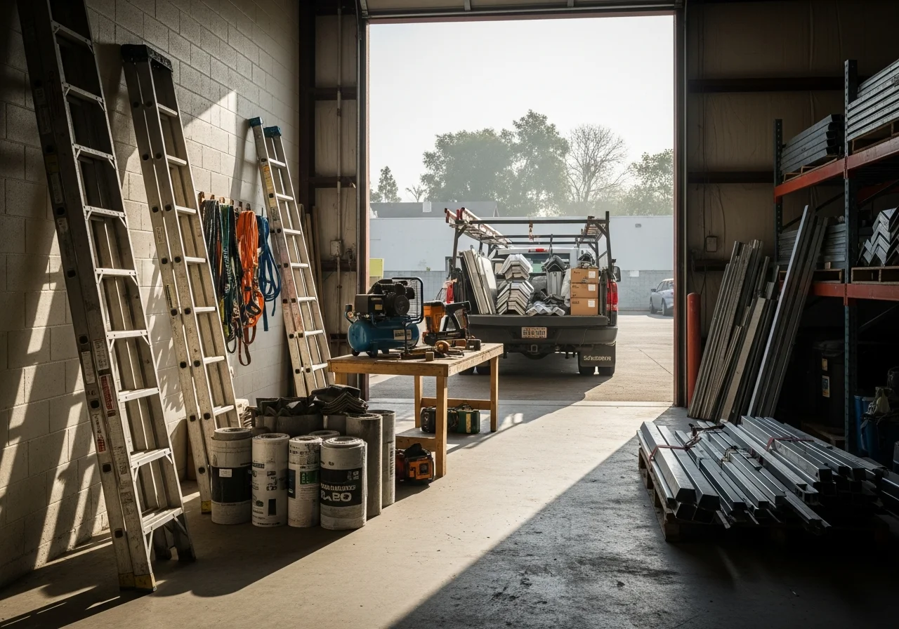 Roofing crew with tools and equipment ready for residential and commercial roof projects.