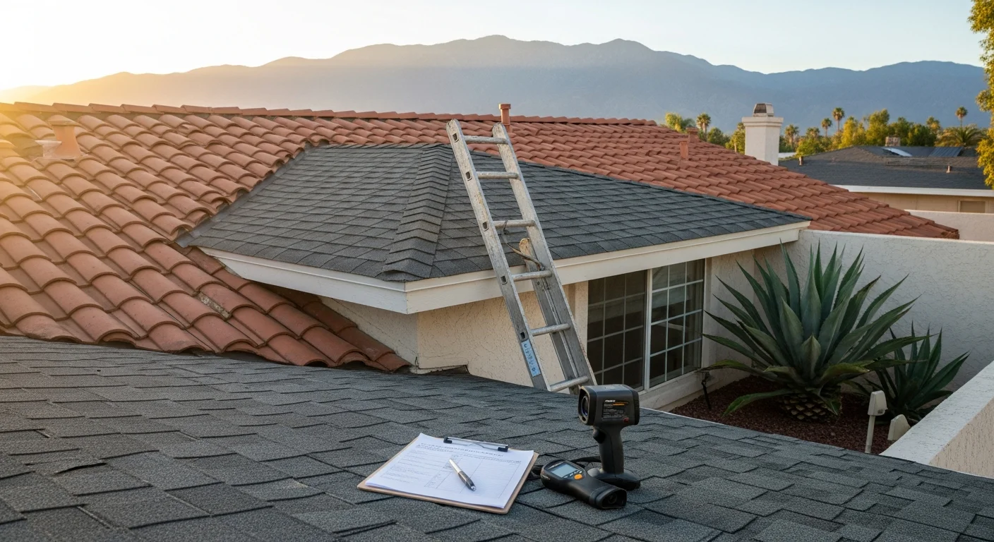 Real estate inspector examining roof condition for property transaction