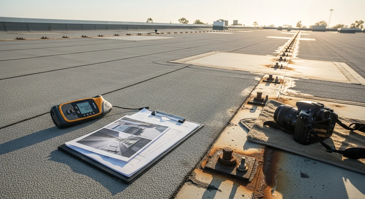 A commercial flat roof on a Dana Point office building showing a completed inspection with clear drainage scuppers and intact membrane seams. A roofing technician reviews a condition report on a clipboard near rooftop HVAC equipment with the Pacific coastline visible in the background.