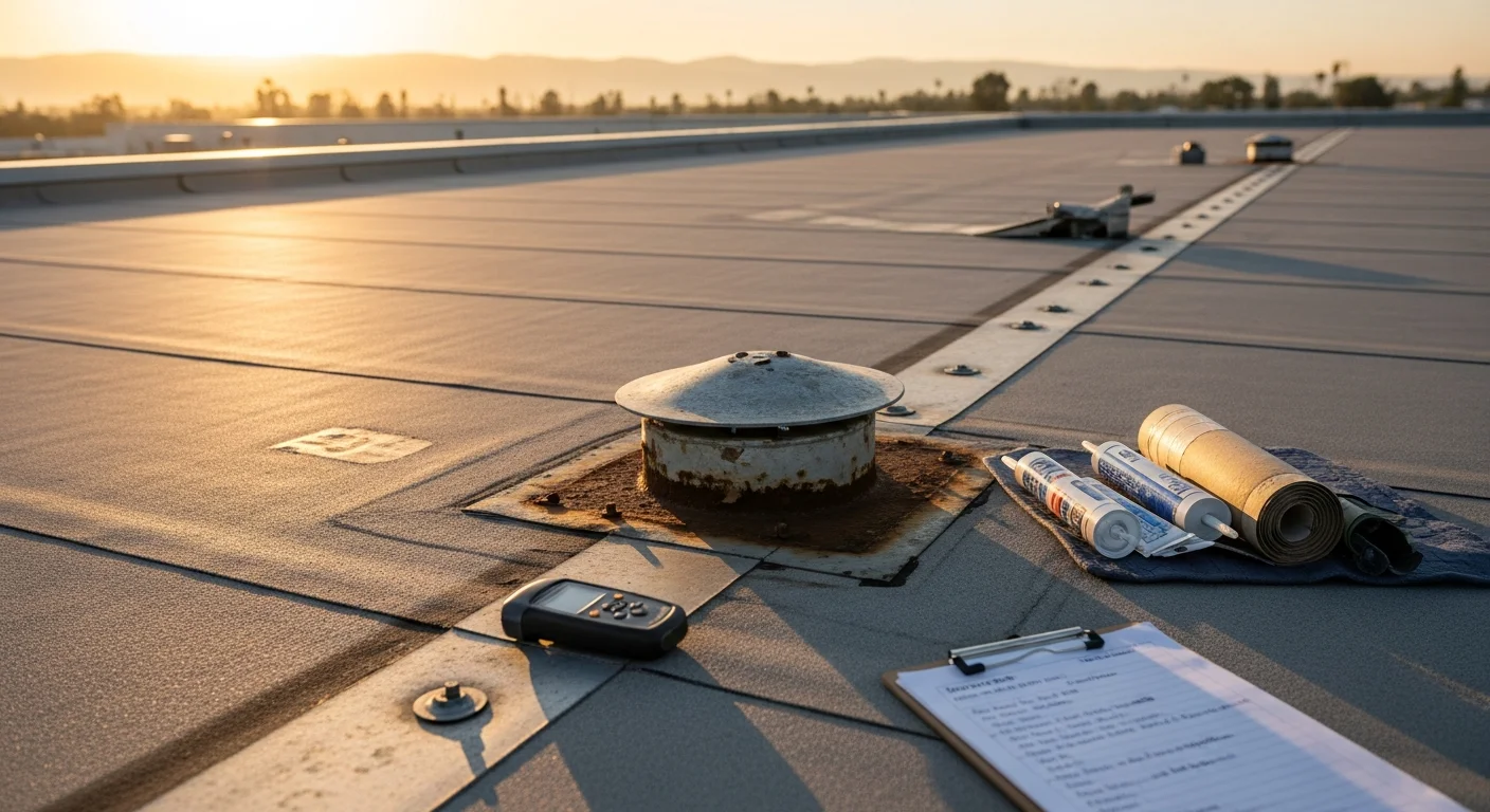 A commercial flat roof in Dana Point, California showing completed membrane repair work with sealed flashing around rooftop HVAC units. The Pacific coastline is visible in the background, illustrating the coastal environment the repaired roof system must withstand.