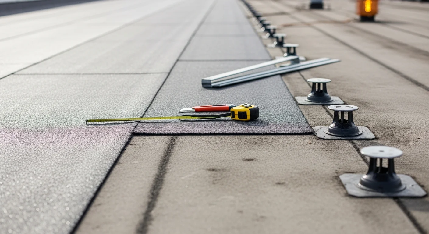 A completed flat commercial roof replacement on a Dana Point retail building, showing a clean white single-ply membrane system with sealed penetrations and scupper drains. The Pacific coastline is visible in the background, illustrating the salt-air environment the new roofing system is built to withstand.