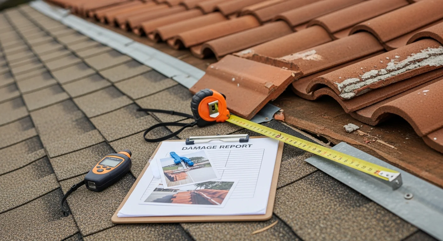 A Pelican Roofs SoCal inspector photographing displaced clay roof tiles and corroded flashing on a Dana Point coastal home following a Pacific storm event. Close-up documentation of granule loss and water intrusion points visible along the roof field and eave line.