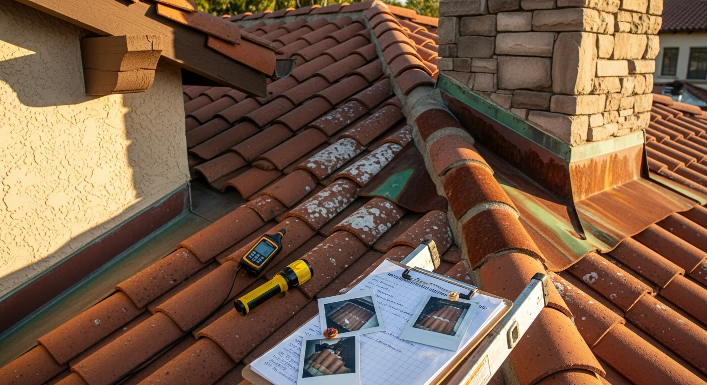A roofing specialist inspecting a Spanish tile roof on a residential home in Dana Point, California, checking flashing and tile condition near the ridgeline. Coastal hillside homes and blue sky visible in the background.