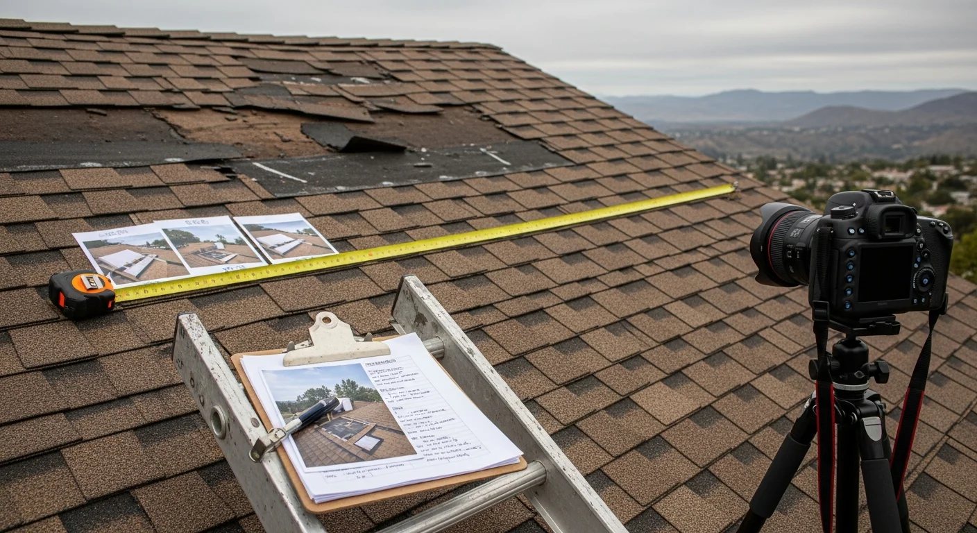 A roofing professional and insurance adjuster reviewing documented roof damage on a residential home in Dana Point, California, with the Pacific coastline visible in the background. The roofer holds a written inspection report while pointing to wind-damaged flashing along the roofline.