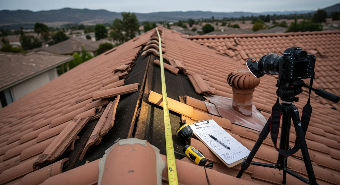 A Pelican Roofs SoCal inspector documenting wind-damaged roof tiles on a Dana Point coastal home after a Santa Ana wind event. Close-up view shows lifted flashing and cracked tile sections being photographed for an insurance claim report.