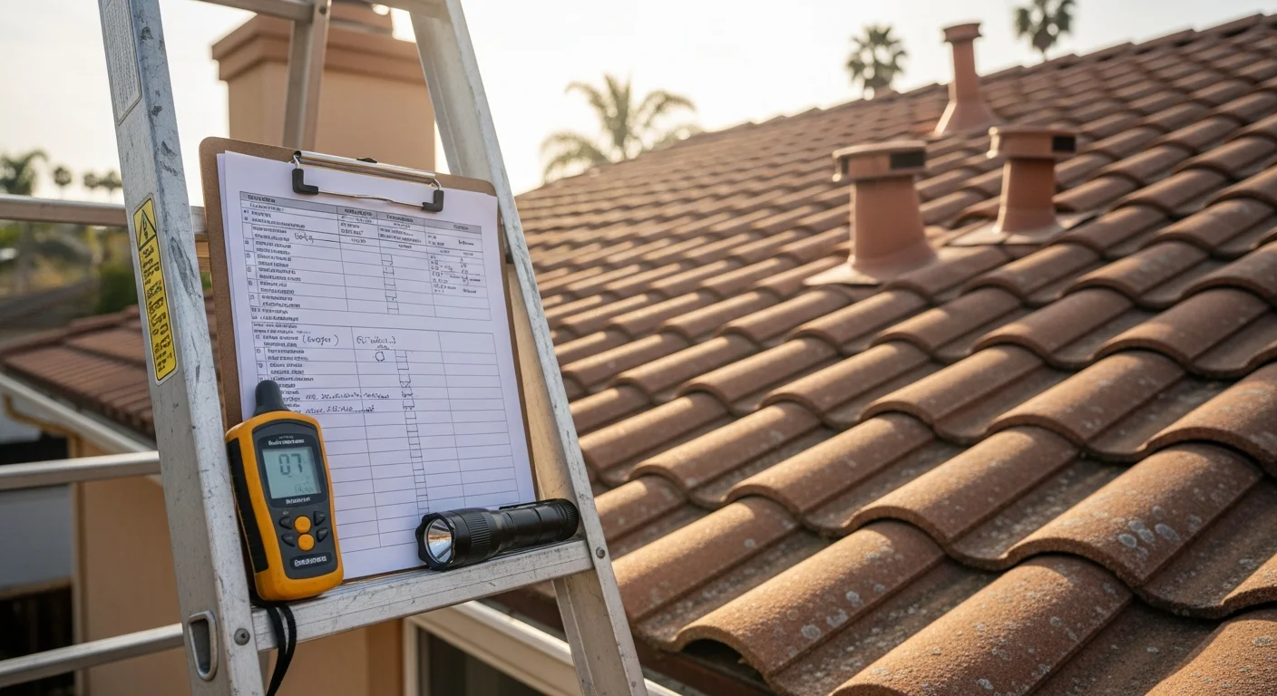 A roofing inspector from Pelican Roofs SoCal examining tile condition and flashing on a residential roof in Dana Point, California. The inspection documents coastal wear patterns visible on a home being prepared for sale.