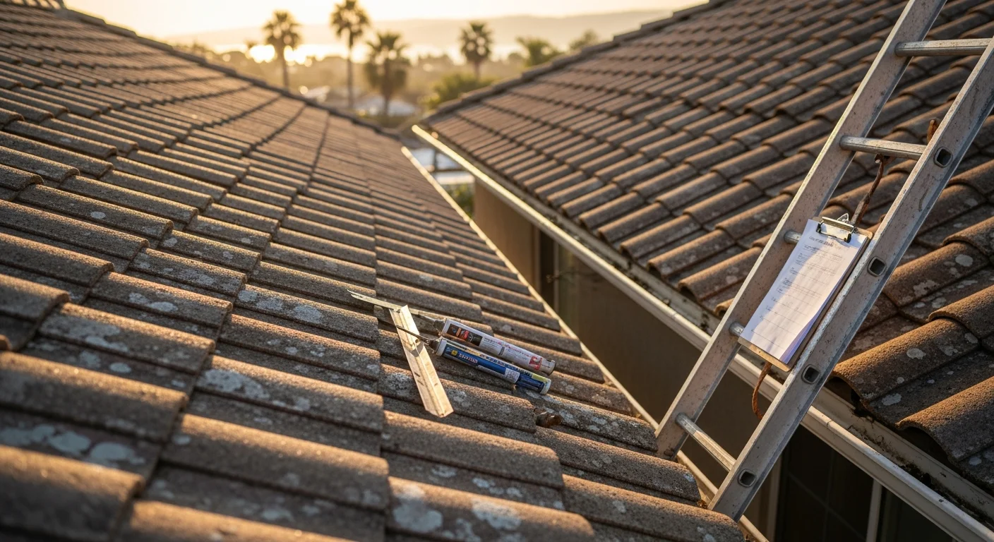 A roofing technician inspecting tile flashing and sealant joints on a residential roof in Dana Point, California, with the coastal hillside visible in the background. Close-up view shows intact tile seating and freshly sealed penetration points after a preventive maintenance visit.