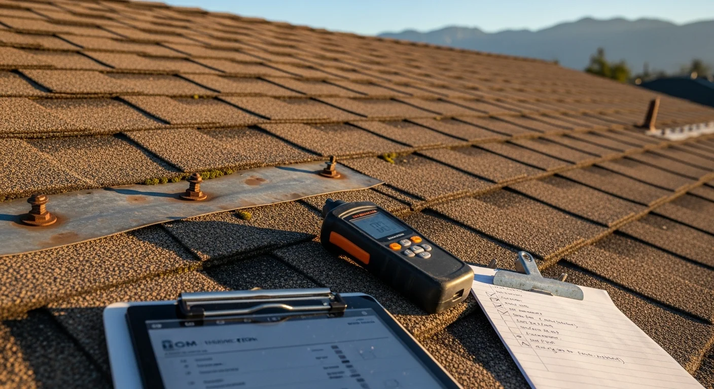 A roofing inspector examining the tile roof and metal flashing on a coastal Dana Point home during a property condition assessment. Close-up view shows corrosion wear patterns consistent with salt air exposure near the harbor.