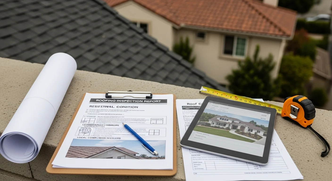 A Dana Point residential property viewed from street level, showing a well-maintained exterior typical of Orange County coastal communities. A property management consultant reviews a clipboard with the owner outside the front entrance.