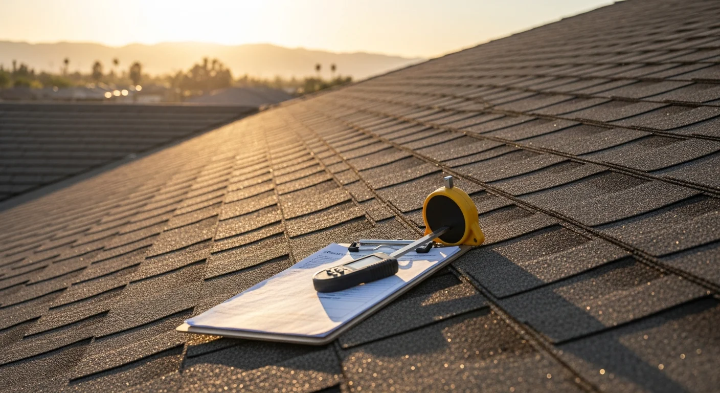 A roofing professional from Pelican Roofs SoCal inspecting and documenting the surface condition of a residential roof in Dana Point, California. The image shows the inspector photographing flashing and surface wear on a coastal home with the Pacific Ocean visible in the background.