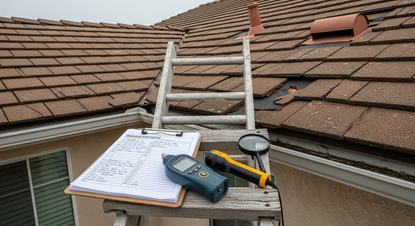 A Pelican Roofs SoCal inspector examining roof flashing and tile edges on a Dana Point coastal home during a realtor roof inspection. Close-up view of weathered roofing materials showing salt air wear near the Dana Point harbor area.