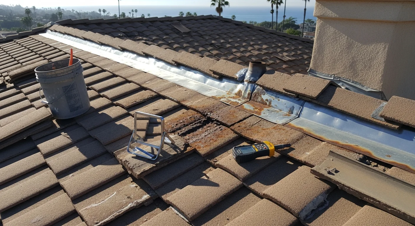 A roofing technician inspecting flashing and tile condition on a residential roof in Dana Point, California, with the Pacific coastline visible in the background. Close-up view shows cleared gutters and resealed roof penetrations following a coastal maintenance service.
