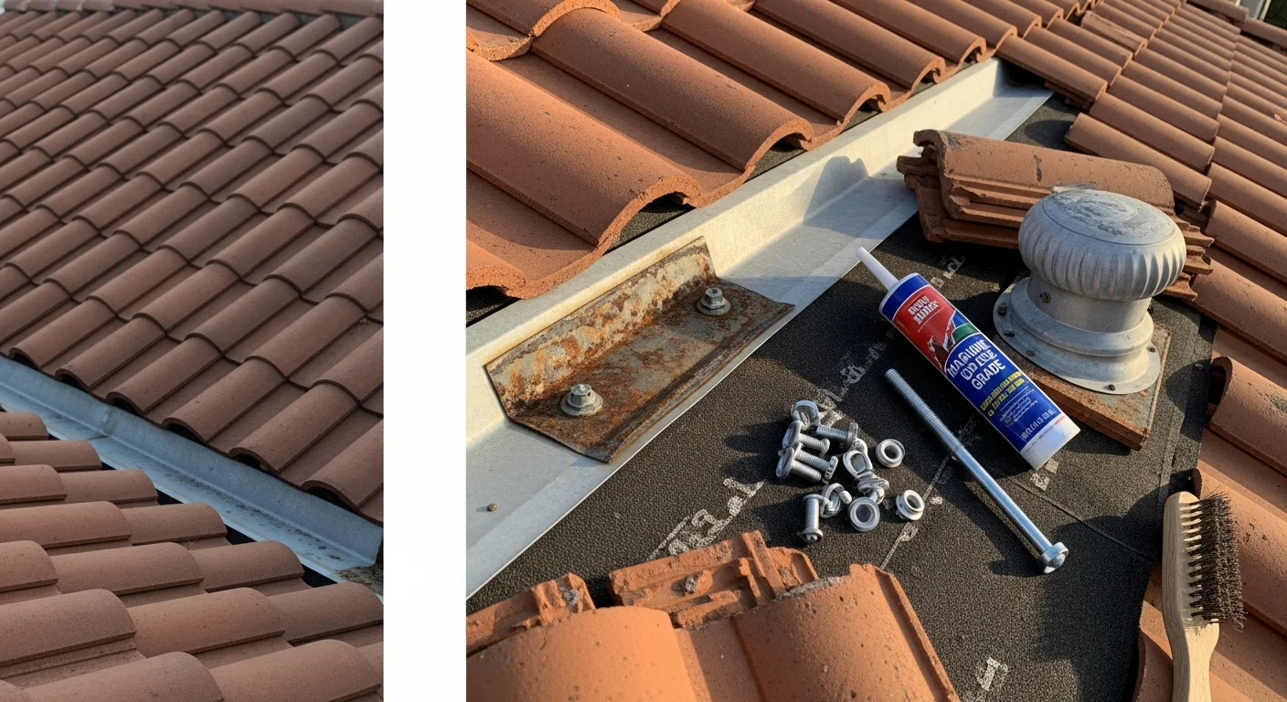 A Dana Point residential roof with repaired clay tile sections and new flashing installed around a chimney, with the Pacific coastline visible in the background. Close-up view shows freshly sealed penetrations and realigned tiles on a sun-exposed coastal home.