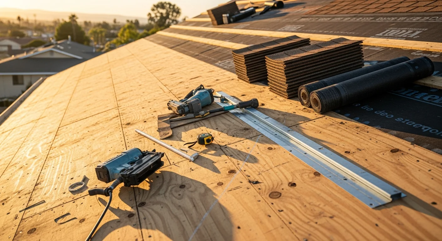 A completed residential roof replacement on a Dana Point home, showing new tile roofing installed on a hillside property with the Pacific coastline visible in the background. The finished roof features clean ridge lines, sealed flashing at the chimney, and materials suited for the coastal Southern California climate.