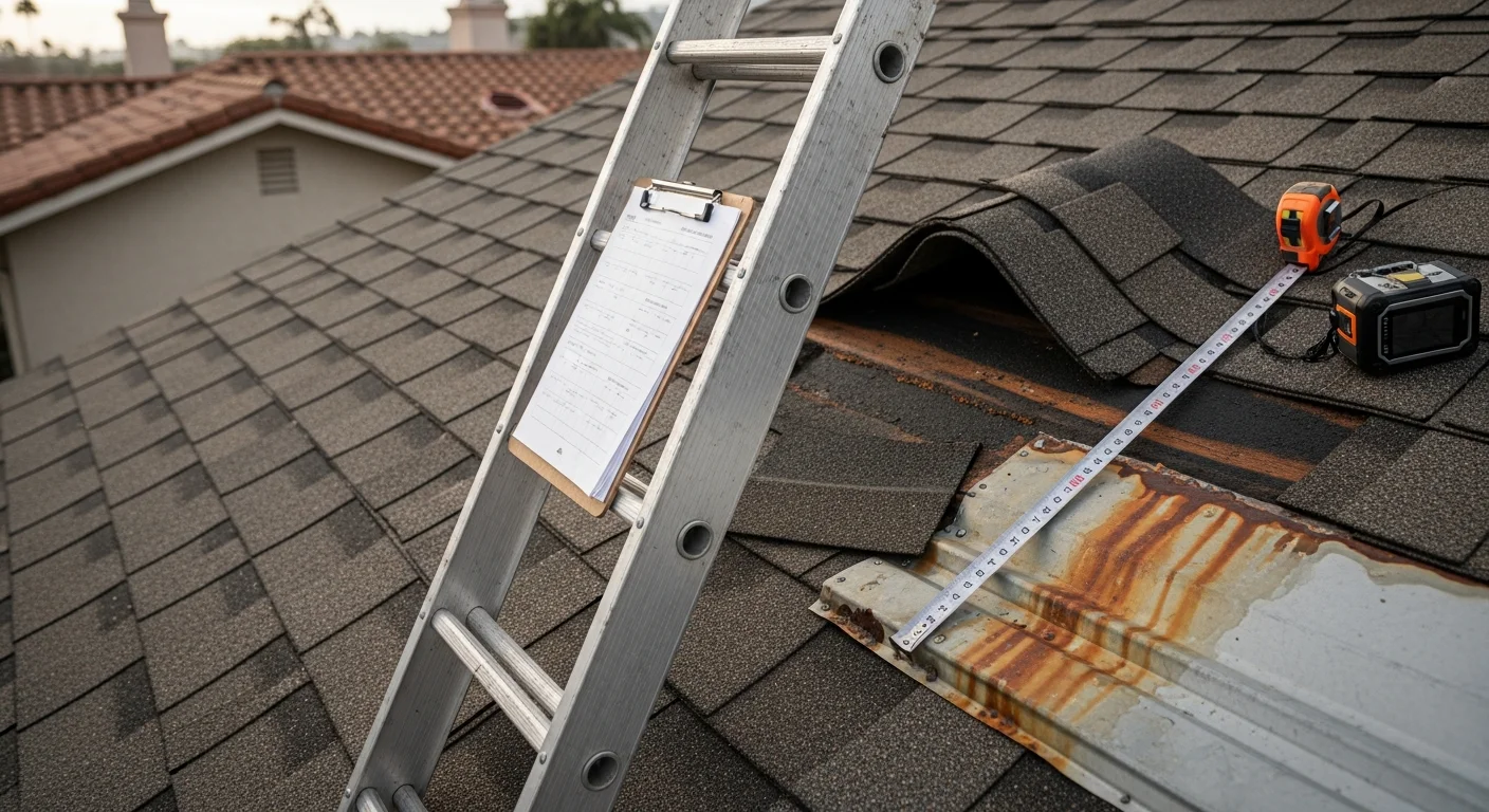 A roofing professional from Pelican Roofs SoCal inspecting wind and salt air damage on a residential roof in Dana Point, California. The inspector documents lifted tiles and corroded flashing near the coastal bluff property for an insurance claim consultation.