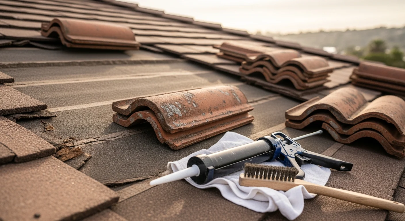 A restored tile roof on a Dana Point residential home showing re-bedded clay tiles and sealed flashing along the ridge line. The Pacific Ocean coastline is visible in the background, reflecting the coastal environment Pelican Roofs SoCal works in.