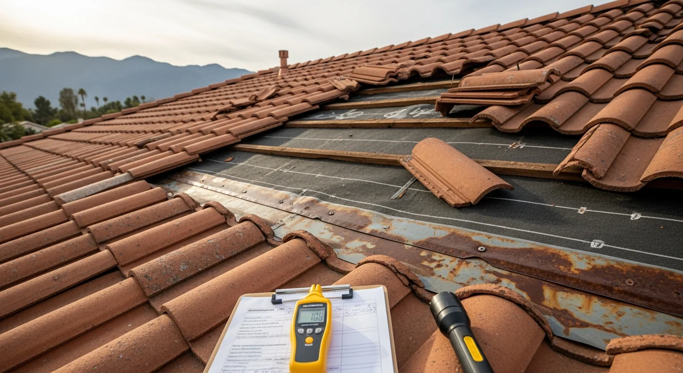 A Pelican Roofs SoCal inspector examining displaced roof tiles and flashing damage on a Dana Point home following a Santa Ana wind event. Close-up view shows lifted tile edges and visible underlayment exposure along the roof ridge.